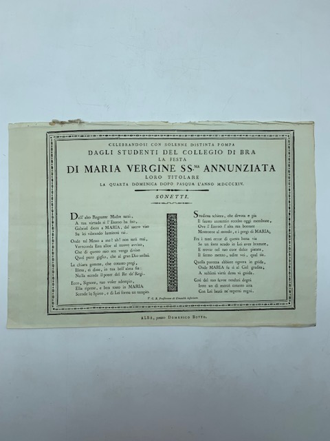 Celebrandosi con solenne distinta pompa dagli studenti del Collegio di Bra la festa di Maria Vergine SS.ma Annunziata...MDCCXIV. Sonetti